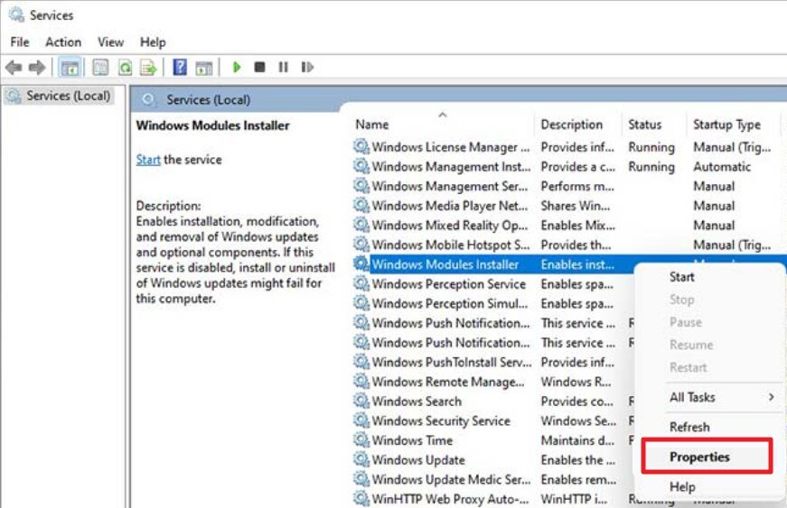 choose the properties option