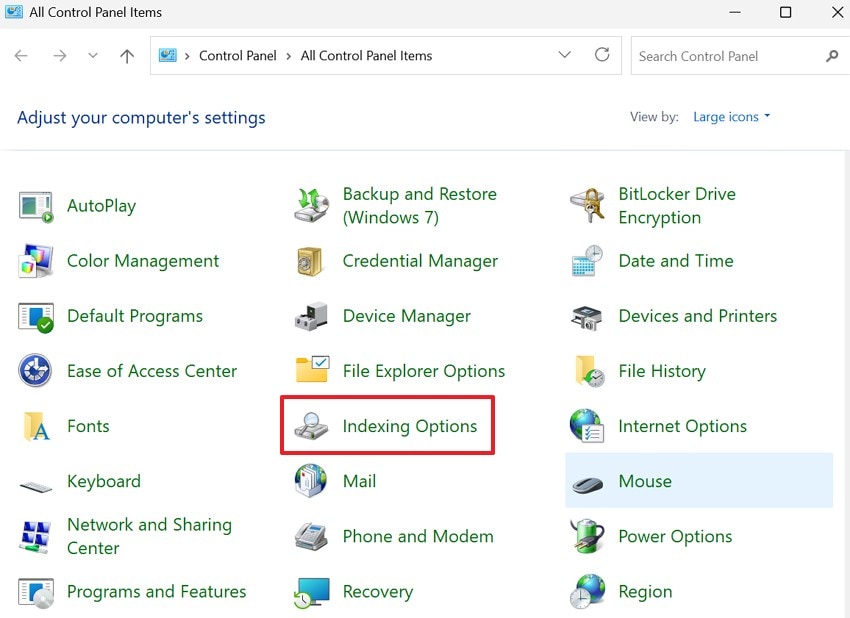 select the indexing options