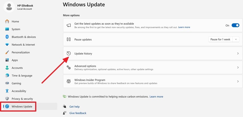 choose update history option