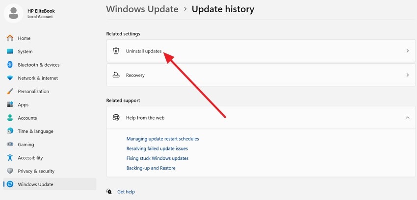 choose update history option