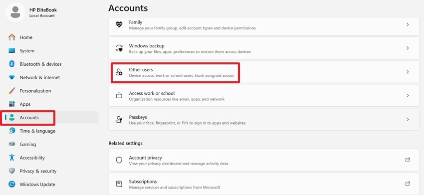navigate to accounts option