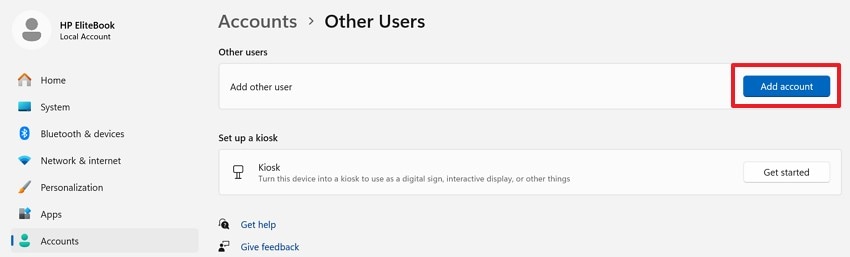 select add account option