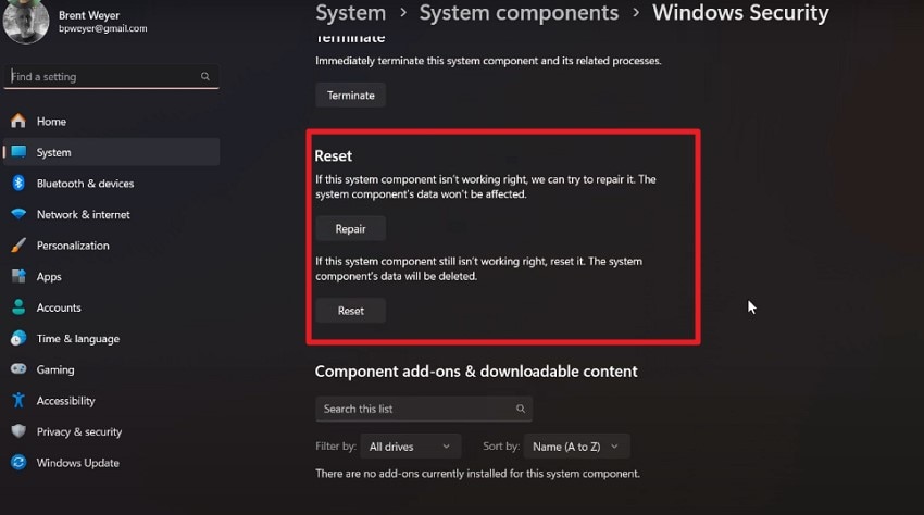 repair and reset windows security