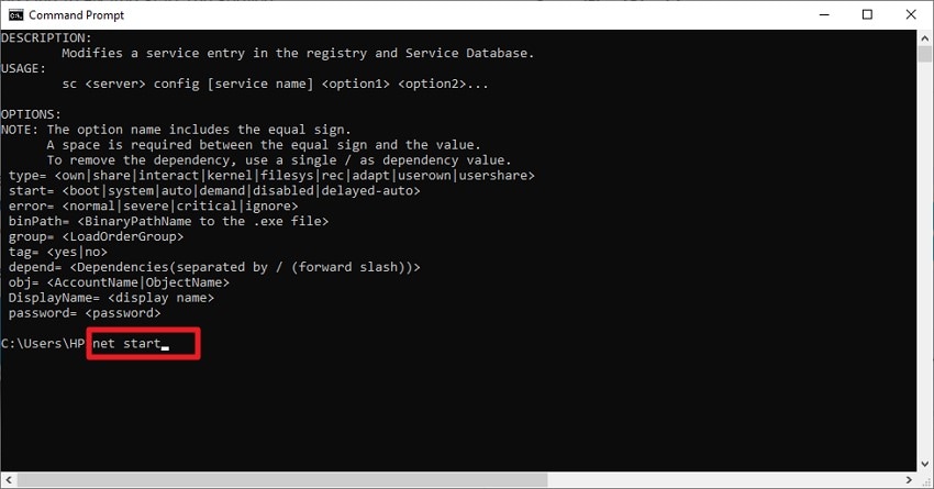 fix an start service via cmd