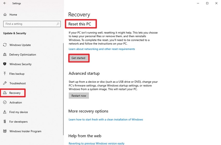 reset pc under recovery