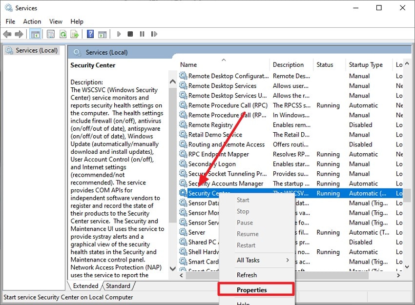 open security center properties