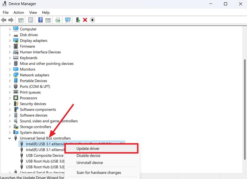 select usb press update driver
