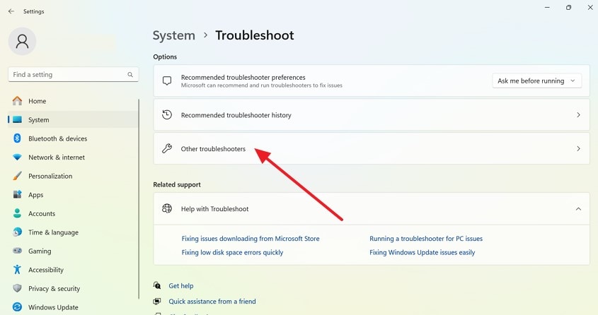 locate other troubleshooters tab