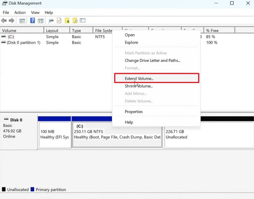 extend volume disk management