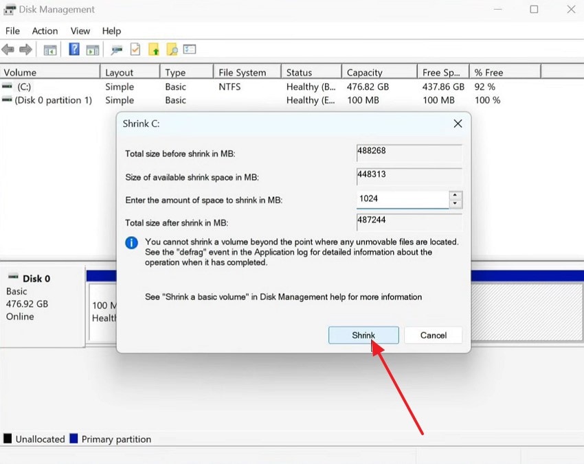 choose cdrive and click shrink button