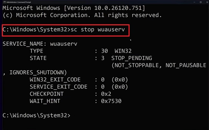 stop wuauserv prompt fix update error