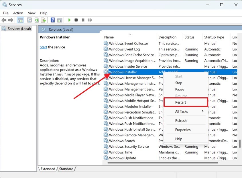 pick windows installer and hit restart