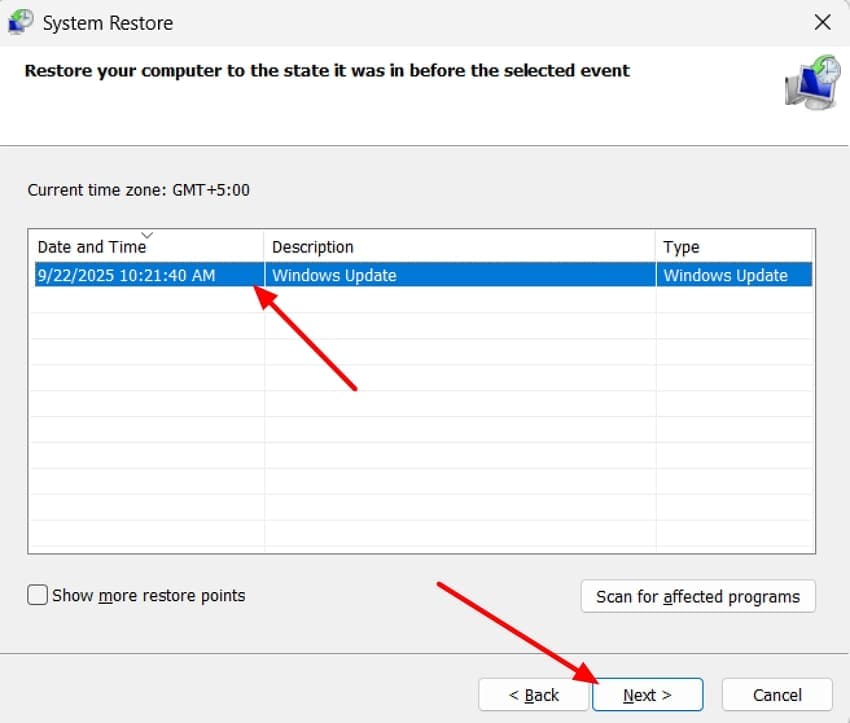 choose system restore hit next