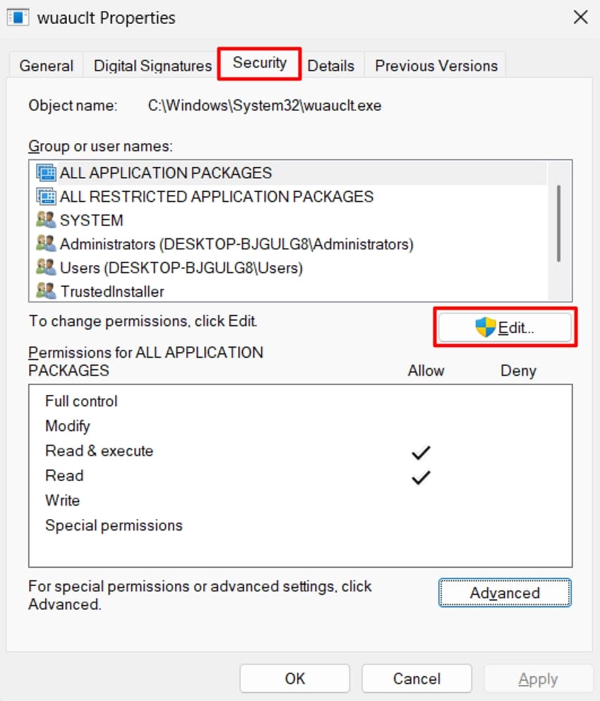 edit properties for windows update
