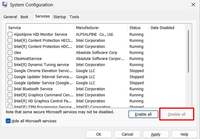 disable all services system configuration
