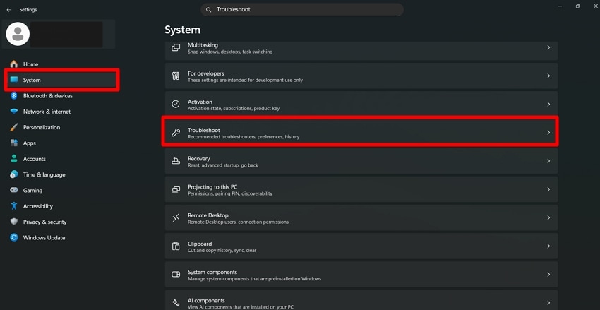 troubleshoot option from system