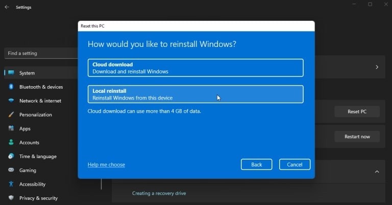 scegli le opzioni di reinstallazione di Windows