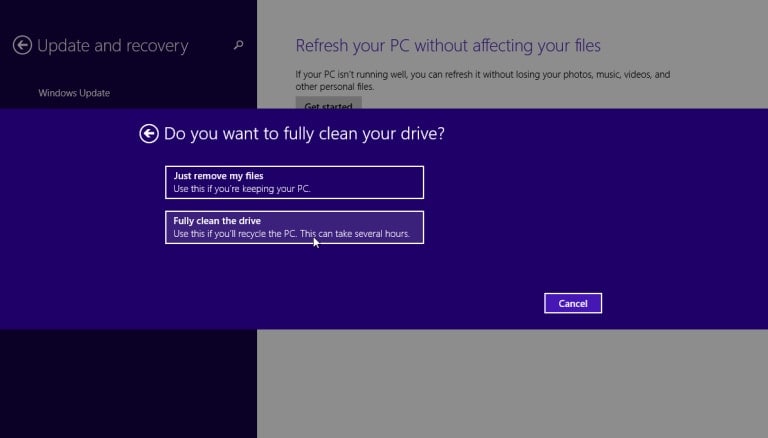 pulire completamente l'unità su Windows 8