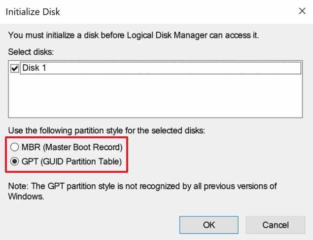 windows initialize disk dialog with gpt option