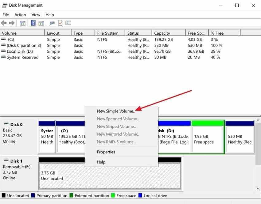 create a new simple volume from unallocated disk space
