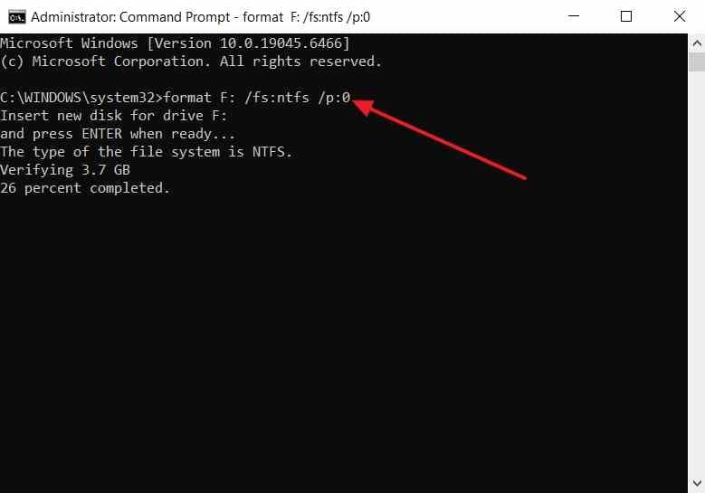 windows format command using p zero for a data volume