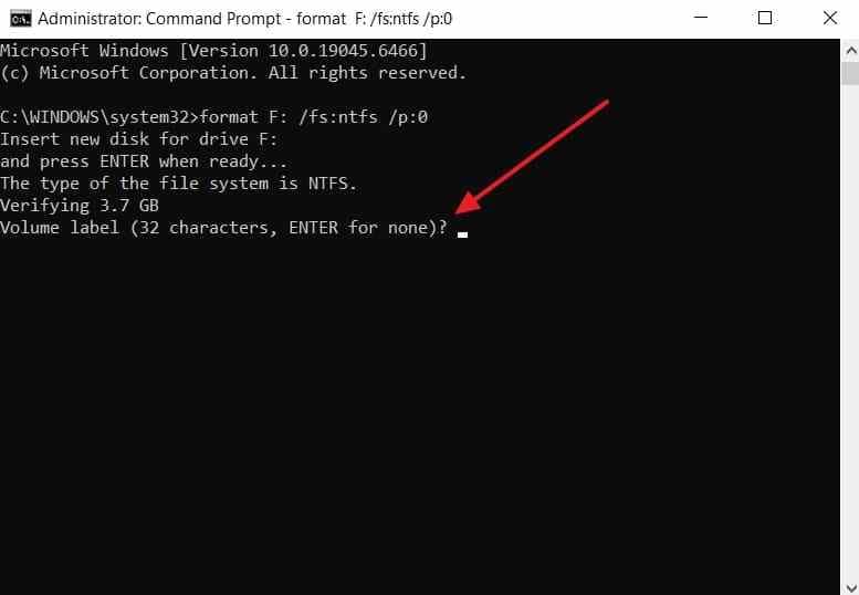 windows format command requesting a volume label