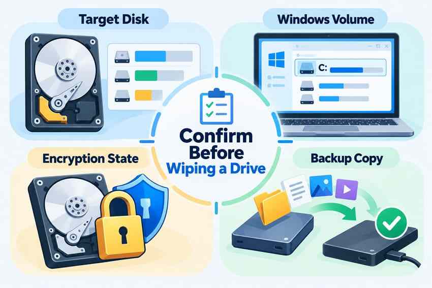 confirm disk and backup before wiping a drive