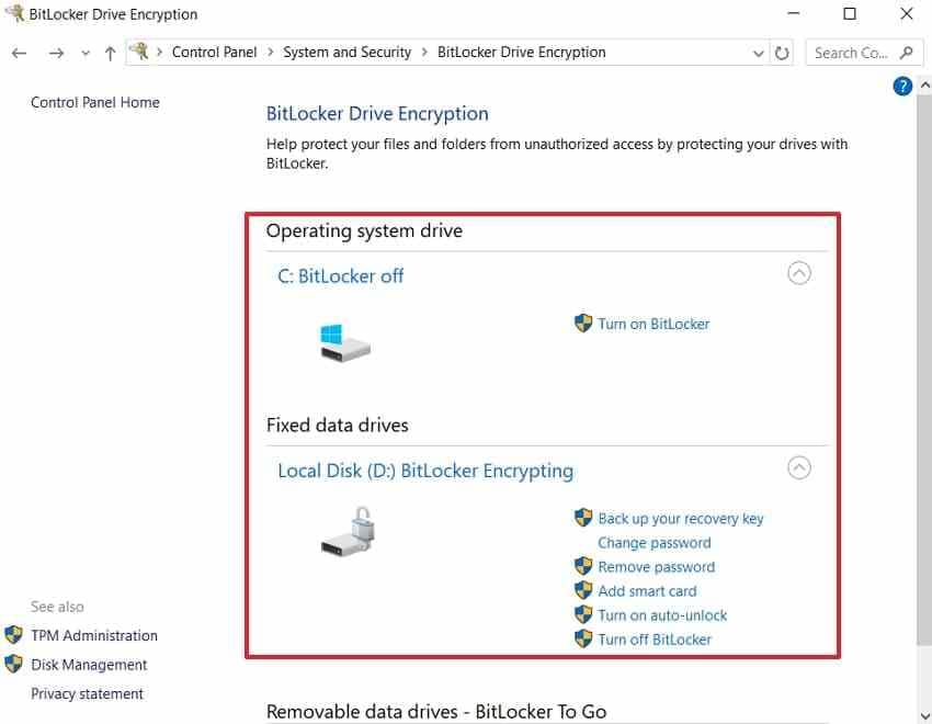 bitlocker drive encryption settings for windows volumes