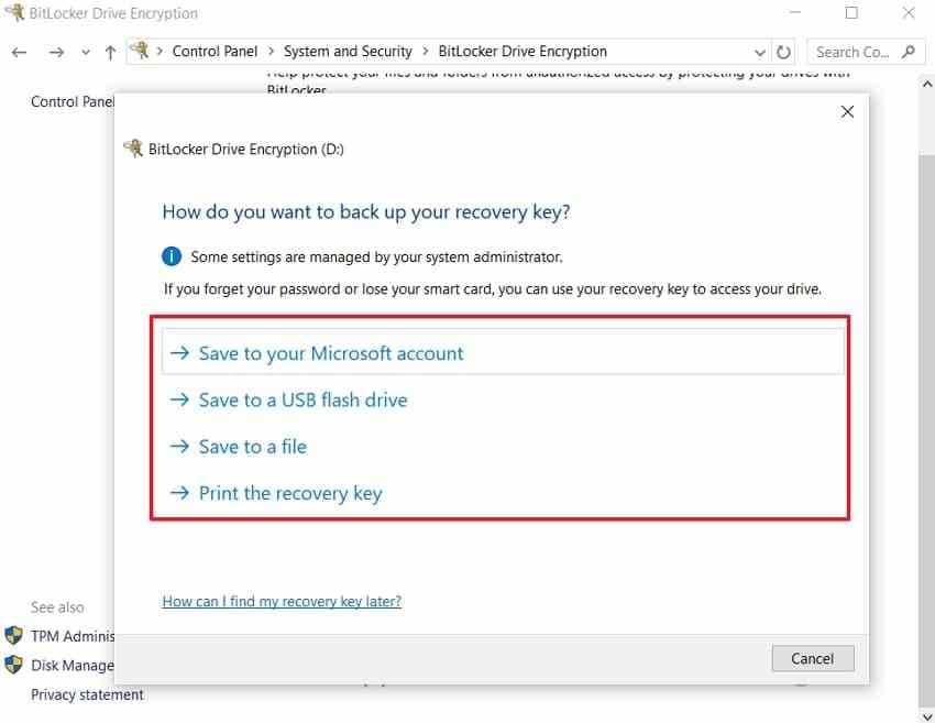 bitlocker recovery key backup choices