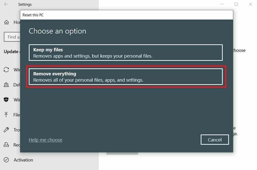 reset this pc remove everything selection in windows 10