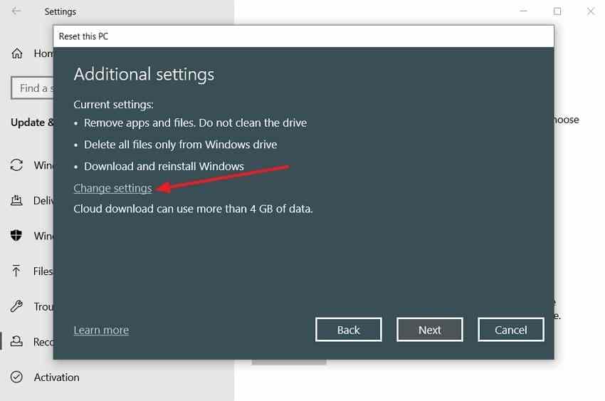 windows 10 reset additional settings link