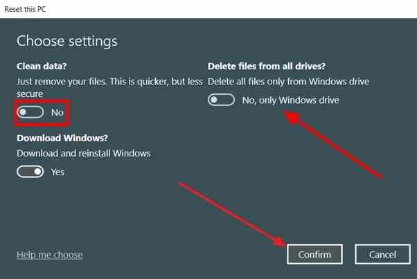 windows 10 clean data and all drives reset switches initially off