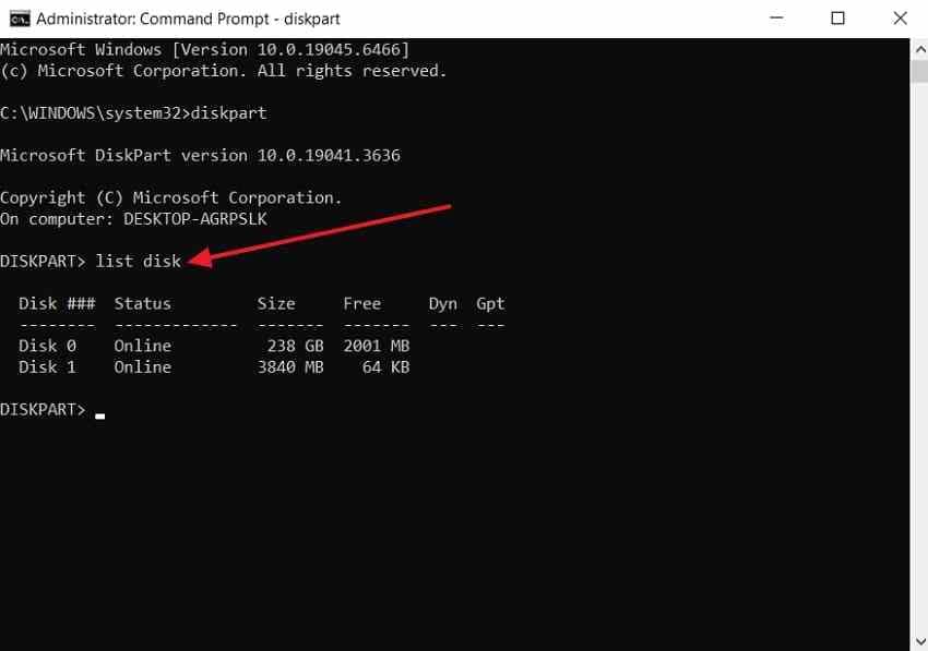 diskpart list disk output before selecting a target