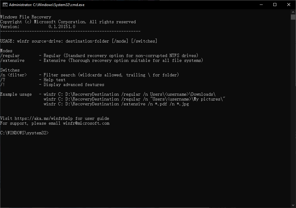 windows file recovery command prompt interface