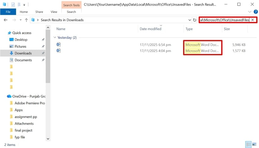 enter file path to find auto-saved file