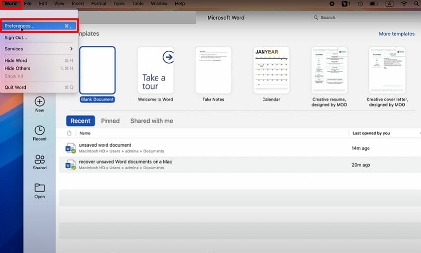 hit the preferences option