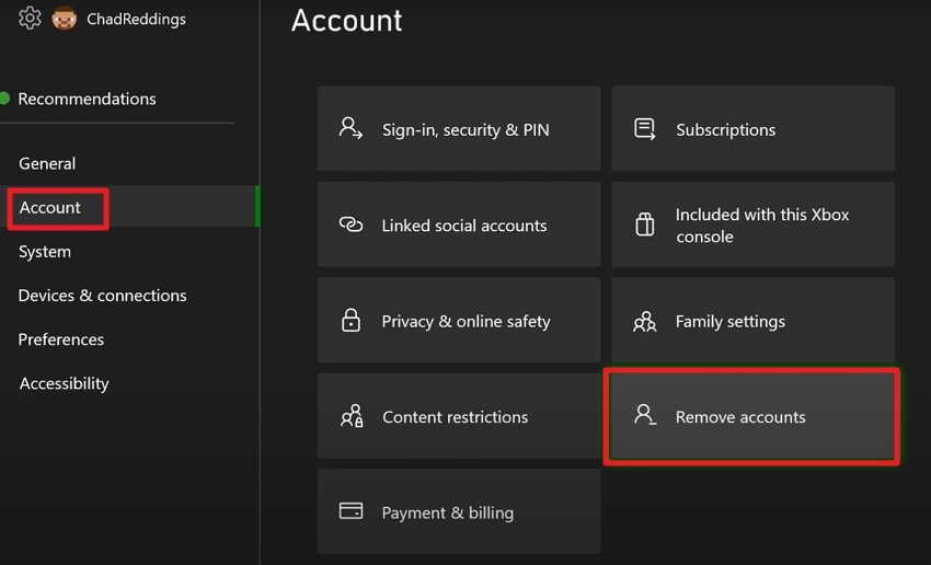 access account press remove account
