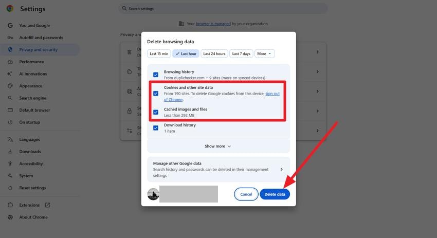 press delete data to clear cache