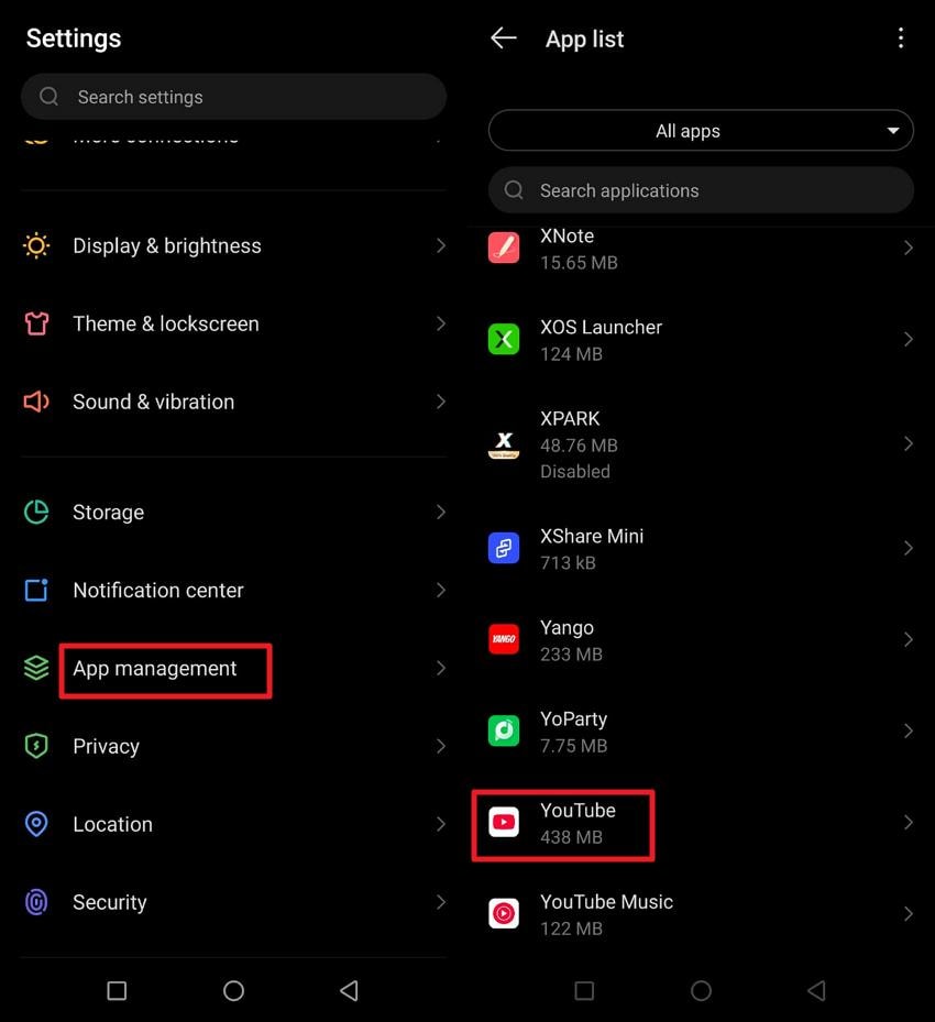 open android settings select app management