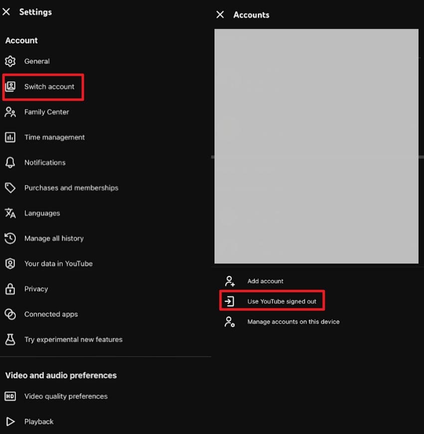 press switch account choose youtube signed out
