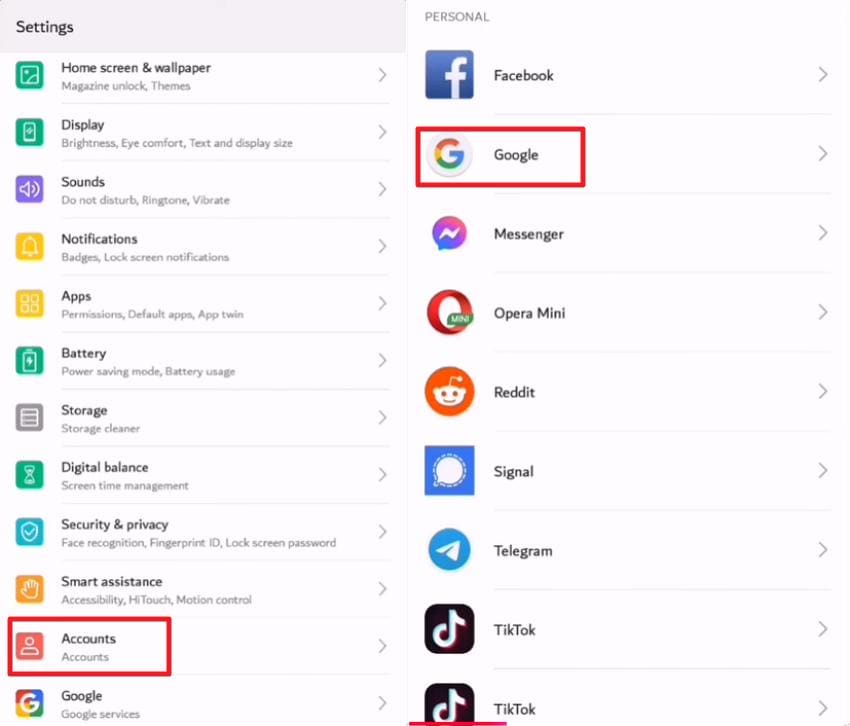 choose google account from settings