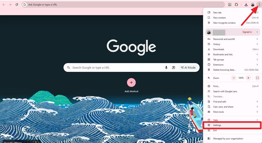 open browser choose settings