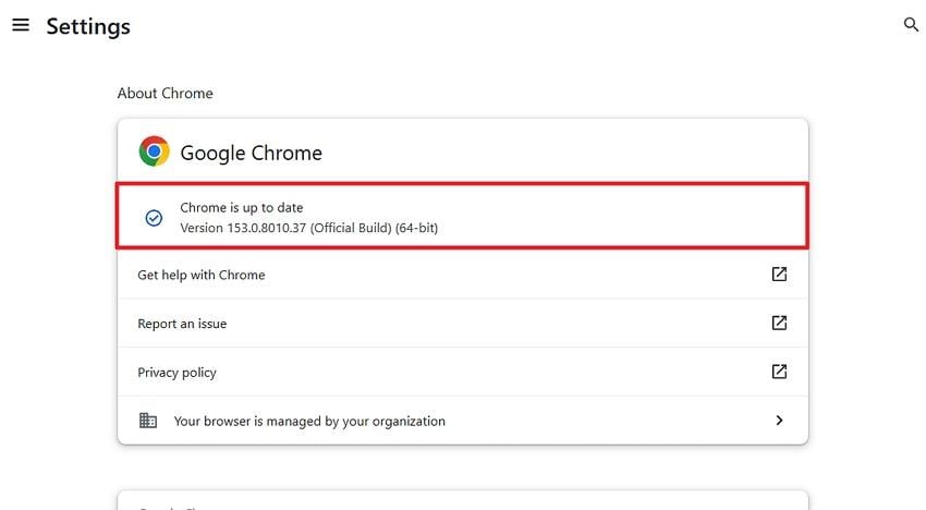 google chrome about page displaying the browser version and update status
