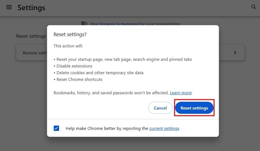 chrome reset settings confirmation dialog with reset settings button