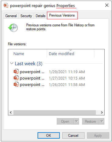 powerpoint restore previous versions 