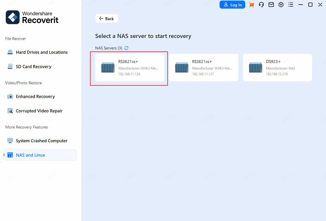 choose a nas device having the lost data