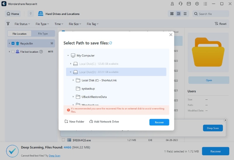 recover deleted files and select a new path to save your data