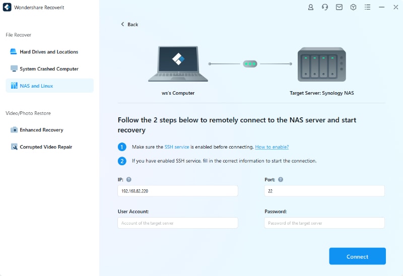 connect to the synology nas