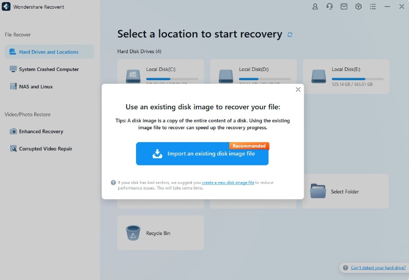 use recoverit to create a new disk image
