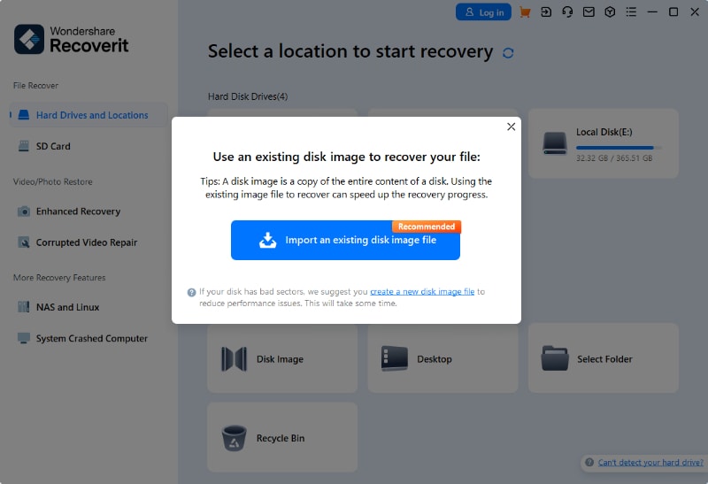 use recoverit to create a new disk image